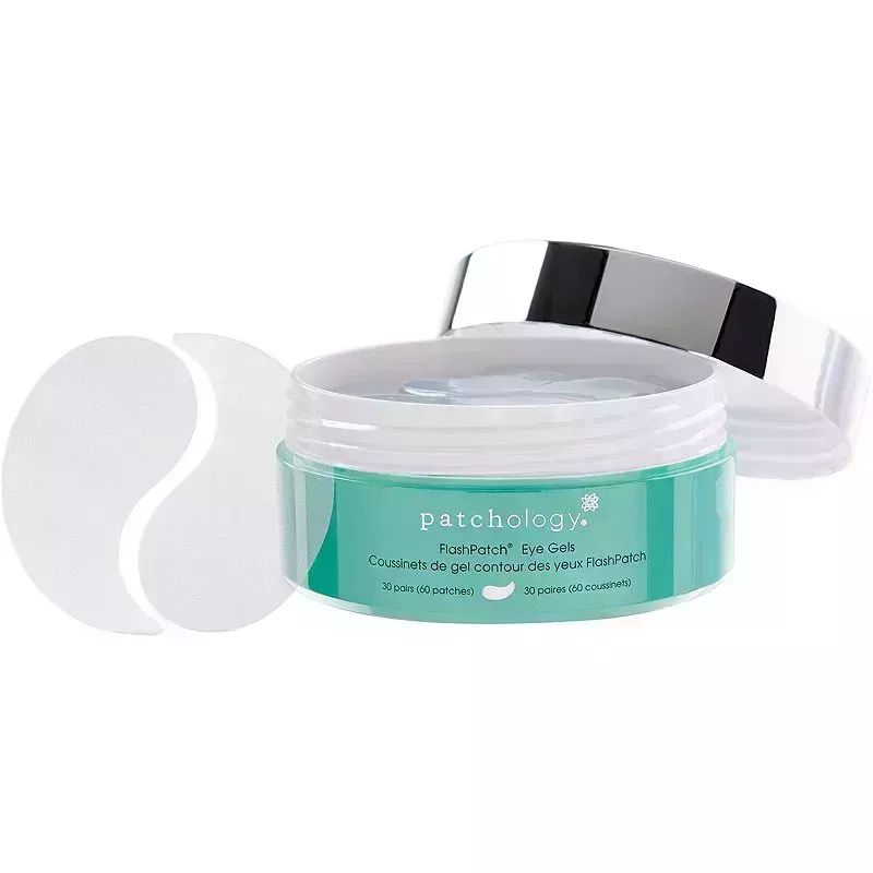 A jar filled with the Patchology FlashPatch Rejuvenating Eye Gels on a white background