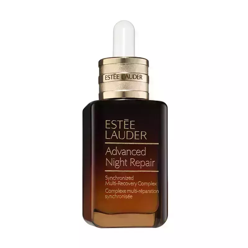 A vial of the Estée Lauder Advanced Night Repair Synchronized Multi-Recovery Complex Serum on a white background
