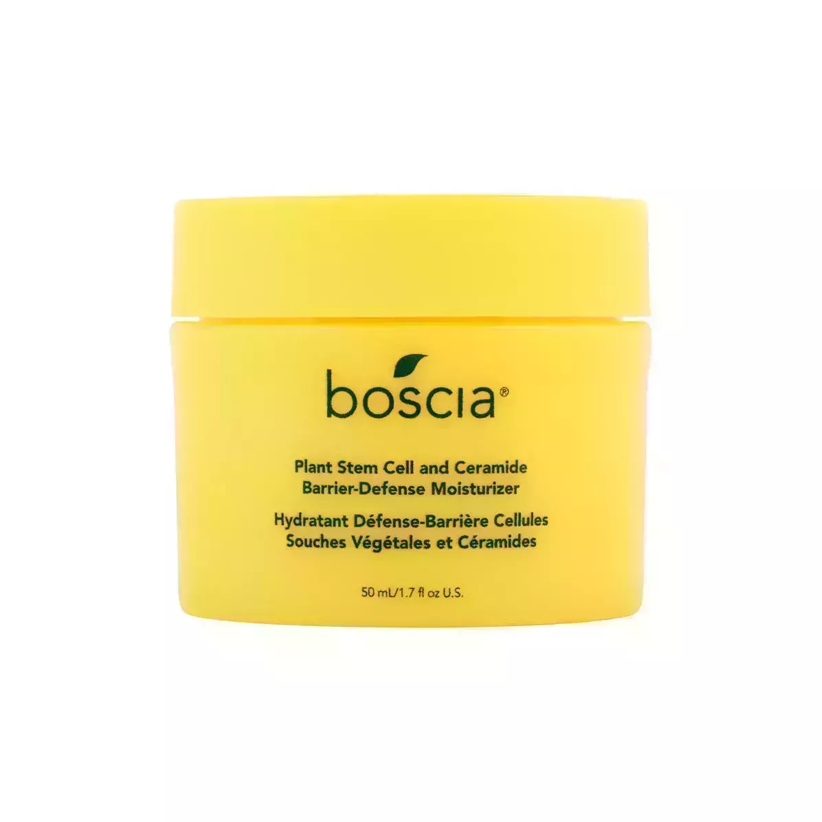 yellow jar of Boscia Plant Stem Cell and Ceramide Barrier-Defense Moisturizer on white background