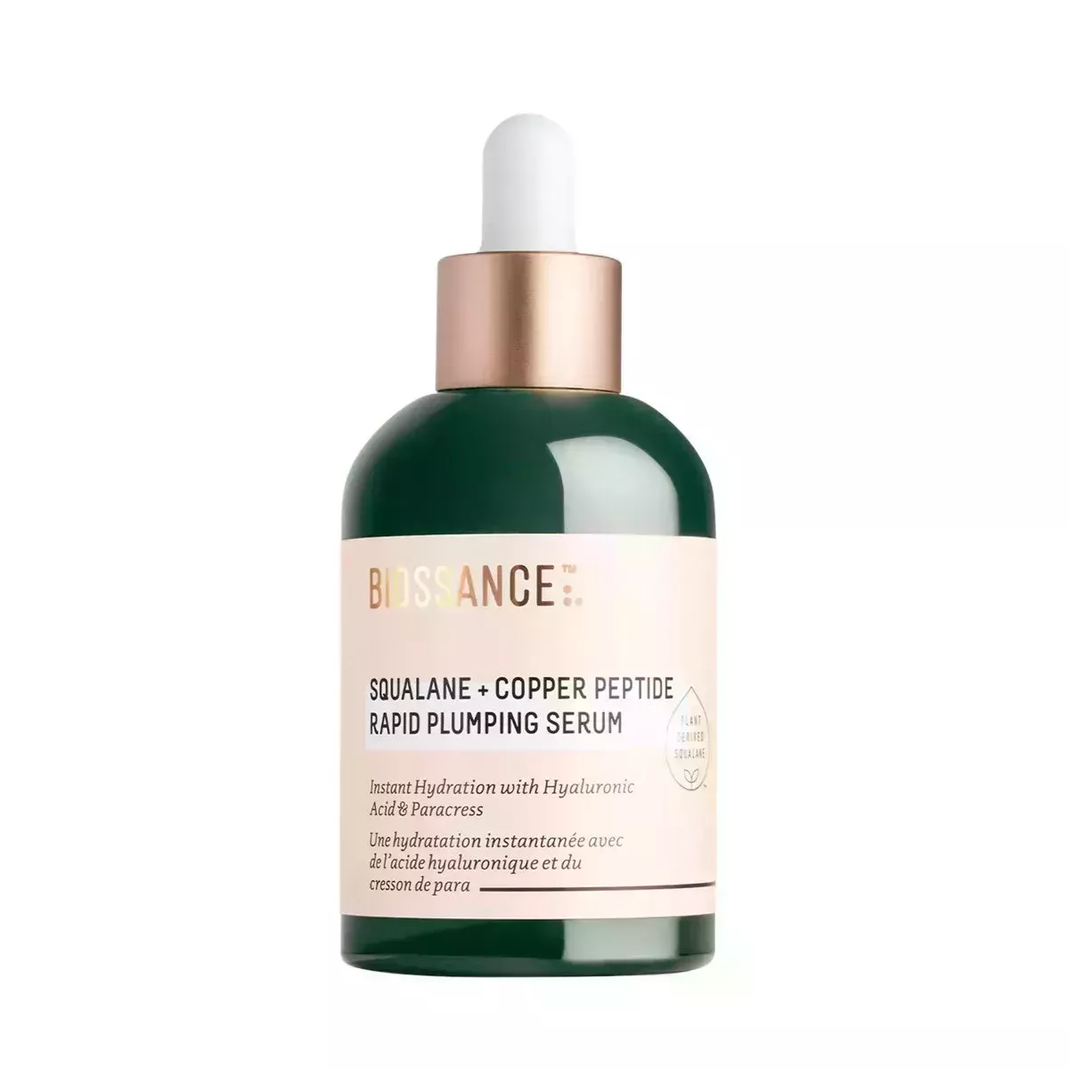 A green bottle of serum on a white background