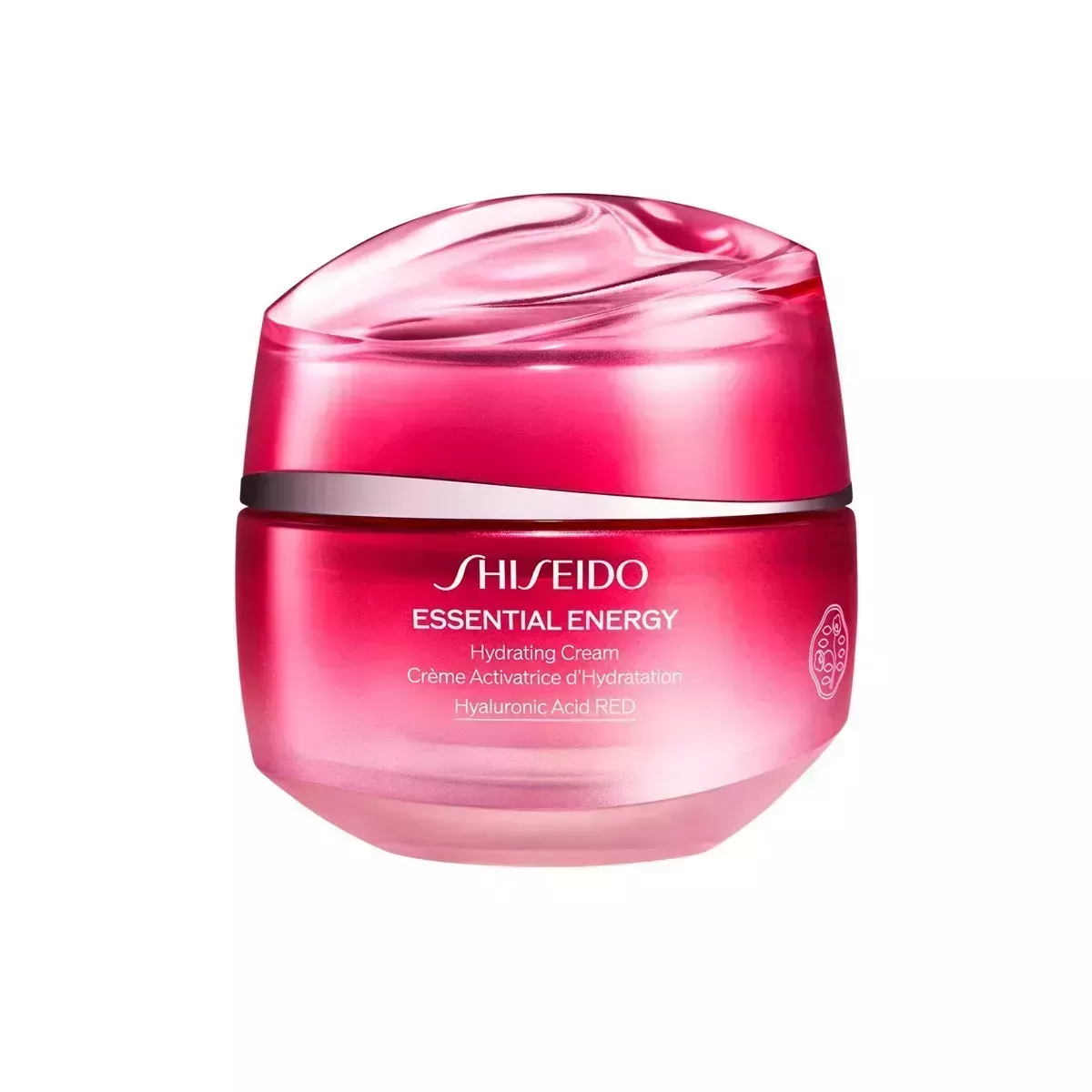 A red tub of facial moisturizer on a white background