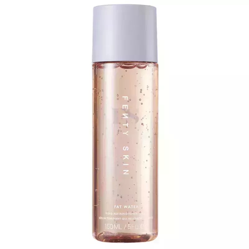 A purple bottle of the Fenty Skin Fragrance-Free Fat Water Toner Serum on a white background