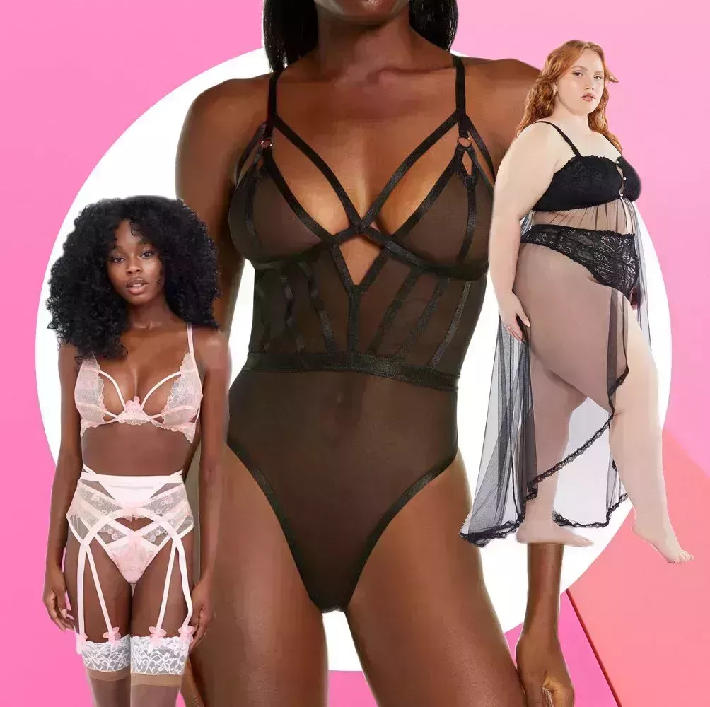 three people in lingerie, one wearing a floral garter belt and bra and panties set, another wearing a black mesh teddy and another wearing a long black maxi robe