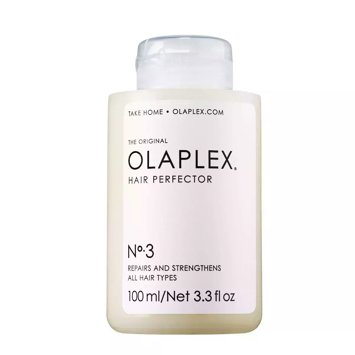 A clear bottle of Olaplex No. 3 Hair Perfector with a white label on a white background