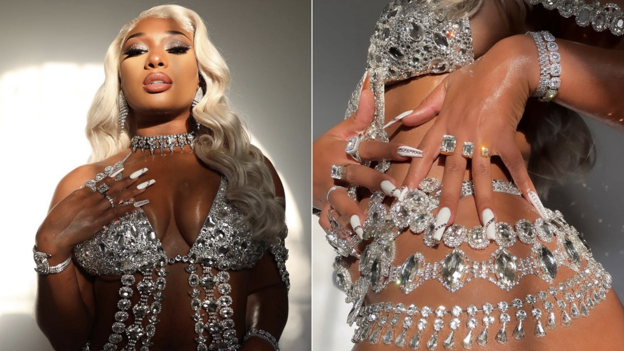 Megan Thee Stallion decoró una manicura blanca y sólida con gemas glamurosas