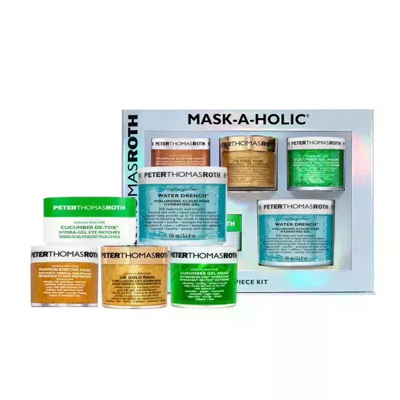The Peter Thomas Roth Mask-A-Holic Set, which includes five different masks from the skin-care brand in front of the set's silver box, on a white background