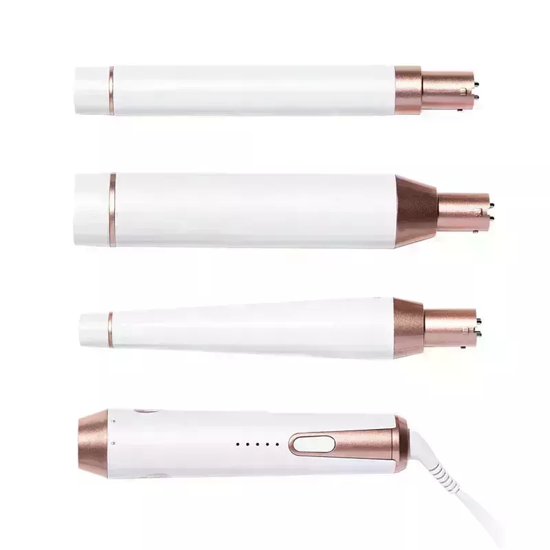 A photo of the T3 Whirl Trio Interchangeable Curling Iron Set, including the rose gold hair tool base with three matching barrel attachments, on a white background