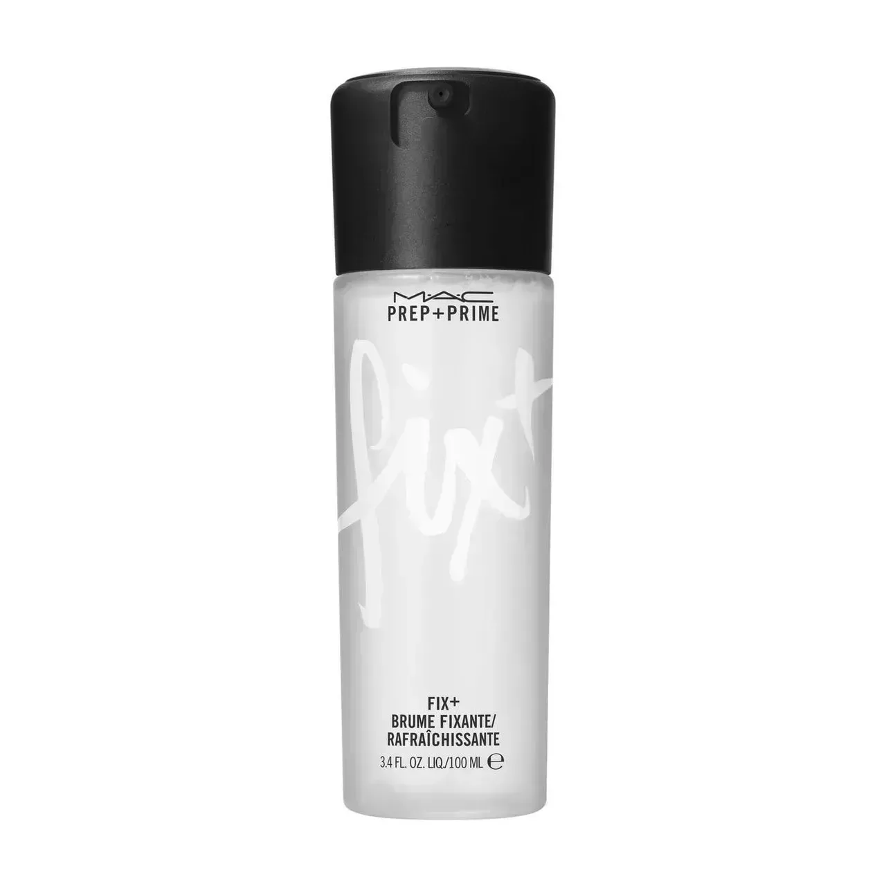 bottle of MAC Prep + Prime Fix+ Makeup Setting Spray with black cap on white background