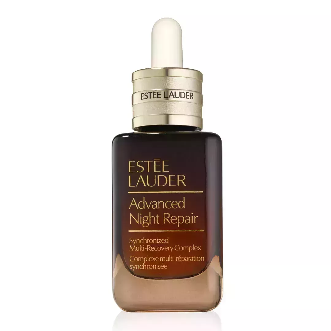 Bottle of Estée Lauder Advanced Night Repair Serum Synchronized Multi-Recovery Complex on white background