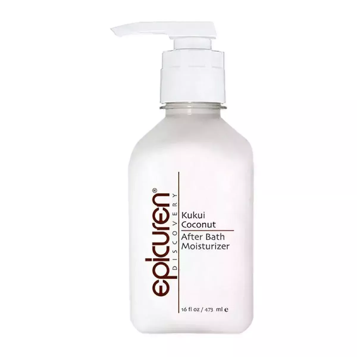 A white bottle of lotion with brown lettering on a white background