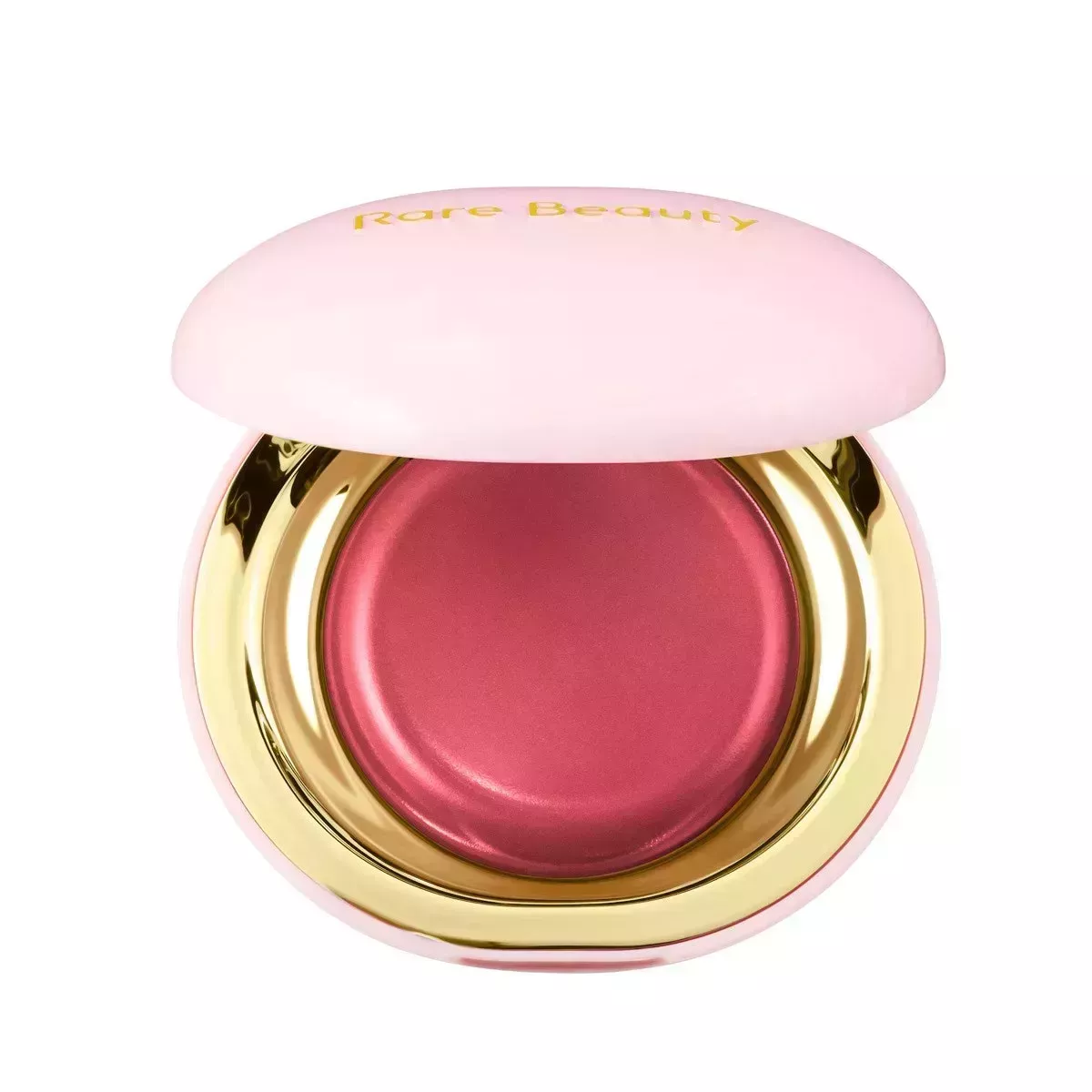 A pink and gold compact with pink blush inside on a white background 