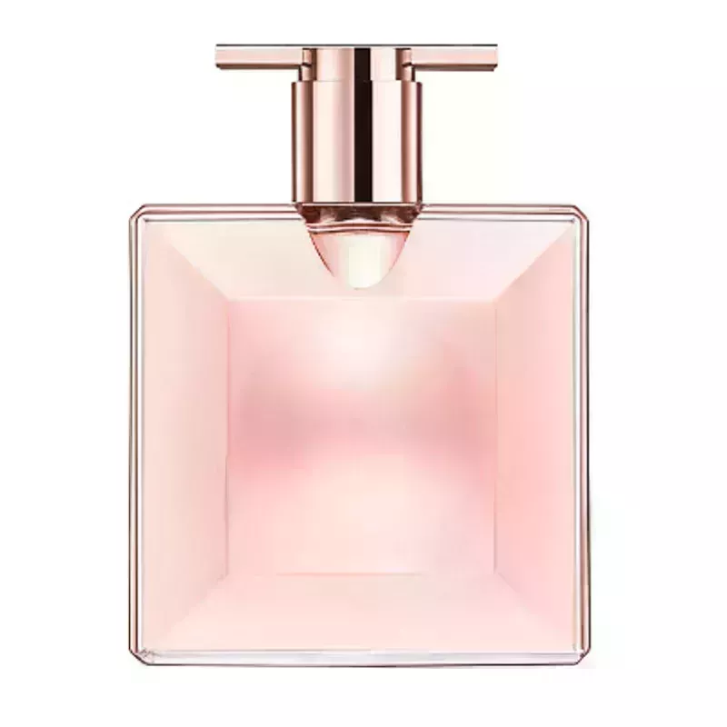A small 0.8 ounce pink square bottle of the Lancôme Idôle Eau de Parfum on a white background