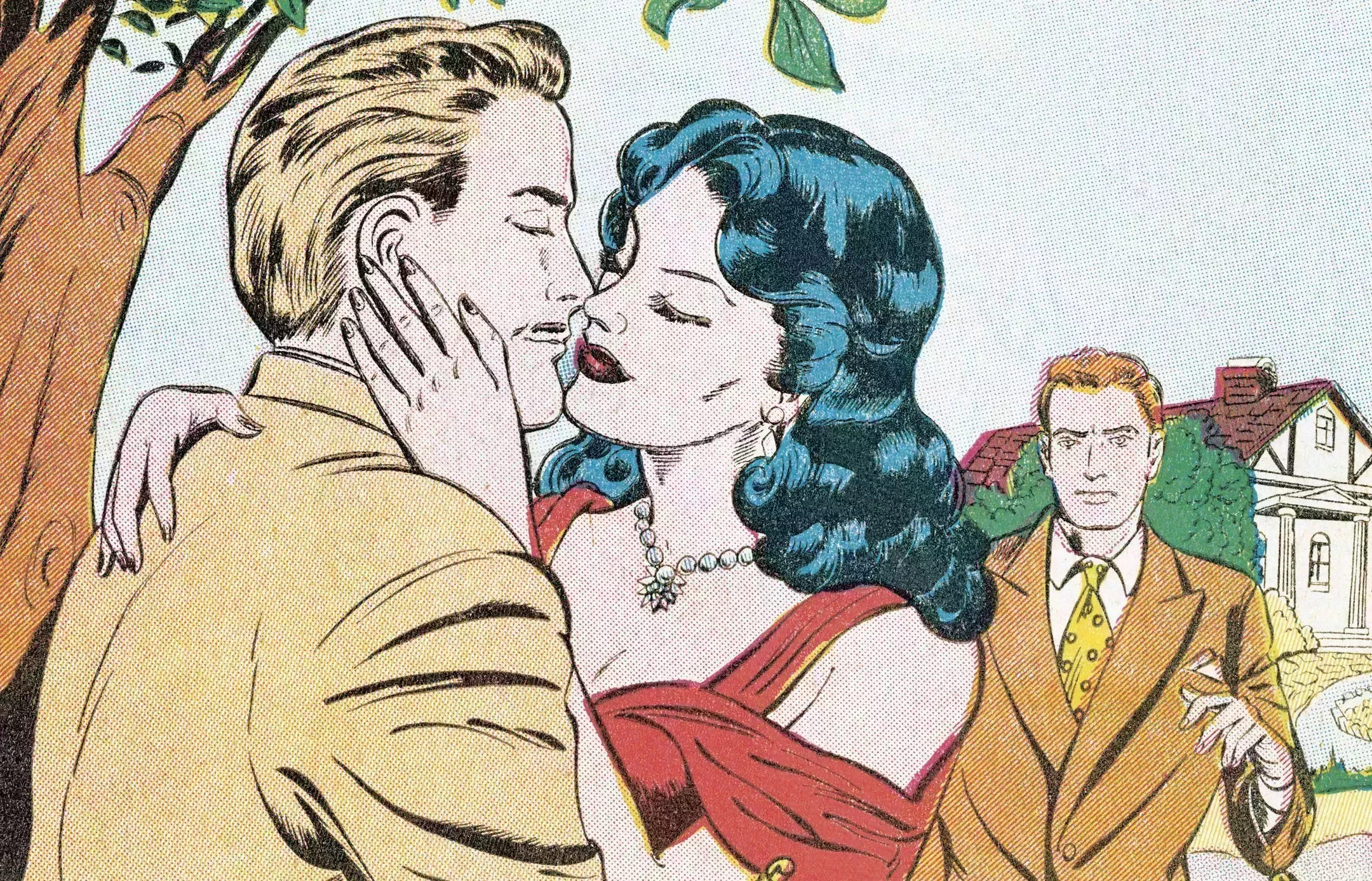 woman kissing a man while another man stands behind her in comic strip style
