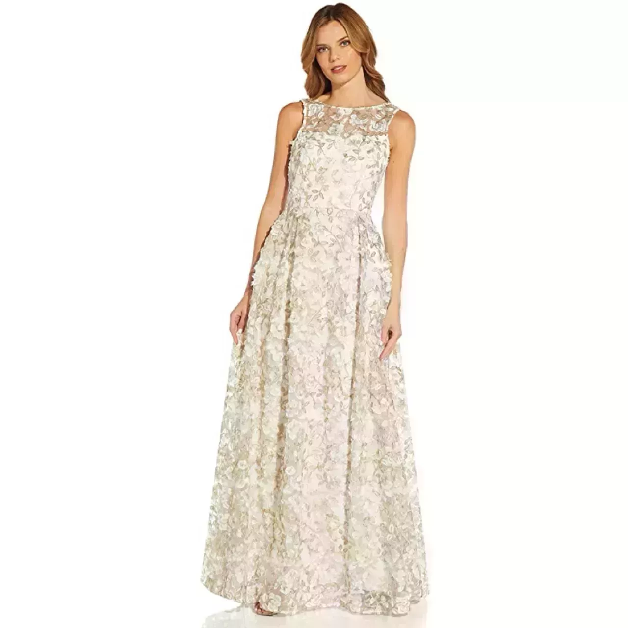 Model wearing Adrianna Papell Women's Metallic Floral Gown
