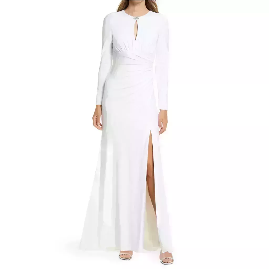 Vince Camuto Gathered Keyhole Long Sleeve Gown on model