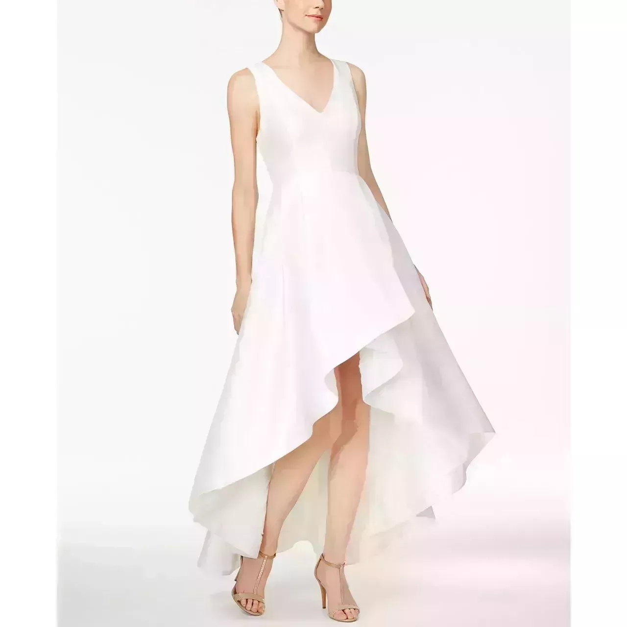 Calvin Klein High-Low A-Line Gown on model on white background