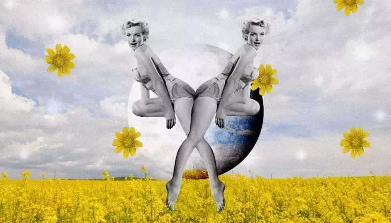 two women in black and white over planet and flowers