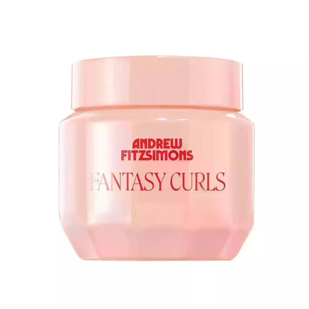 pink jar with red lettering of Andrew Fitzsimons Fantasy Curls Nourishing Mask on a white background