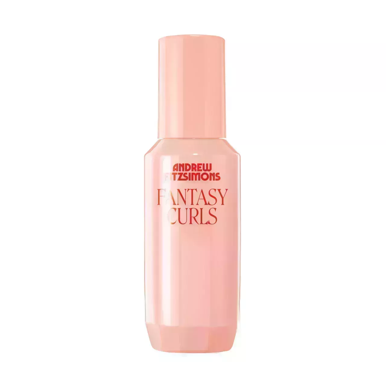 pink bottle with red lettering of Andrew Fitzsimons Fantasy Curls Nourishing serum on a white background