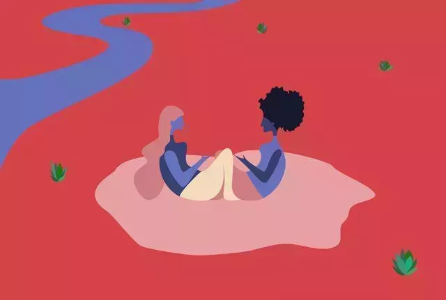 illustration of two women sitting by the river