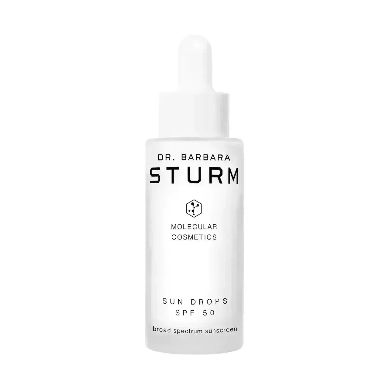 White dropper bottle of Dr. Barbara Sturm Sun Drops SPF 50 on white background