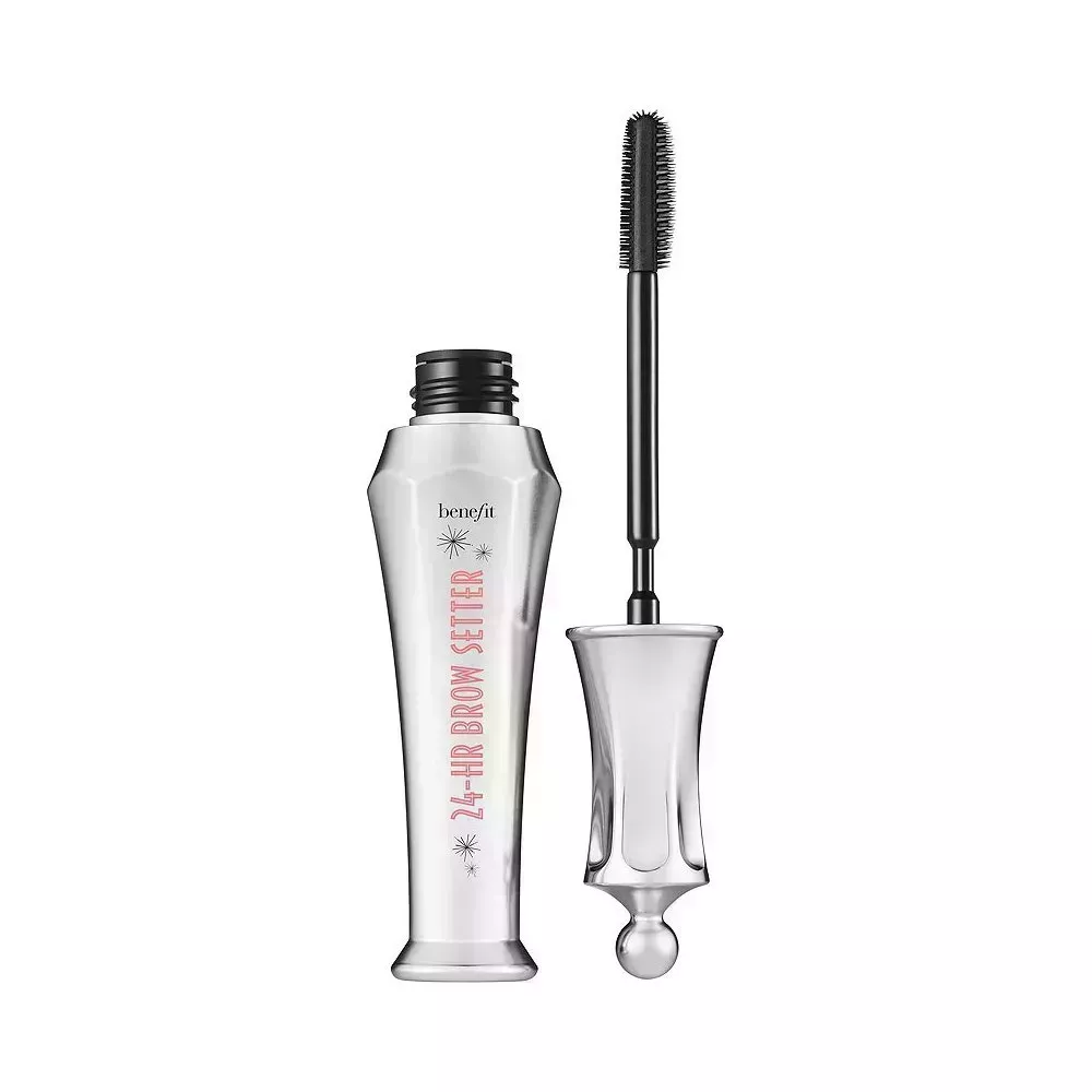 Benefit Cosmetics 24-HR Brow Setter Clear Brow Gel with Lamination Effect ornate silver tube of brow gel on white background