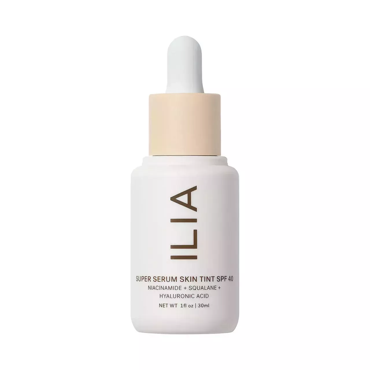 Ilia Super Serum Skin Tint SPF 40 white dropper bottle of skin tint on white background