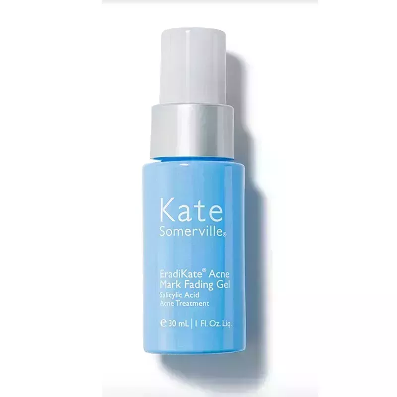 A light blue bottle of the Kate Somerville EradiKate Acne Mark Fading Gel on a white background