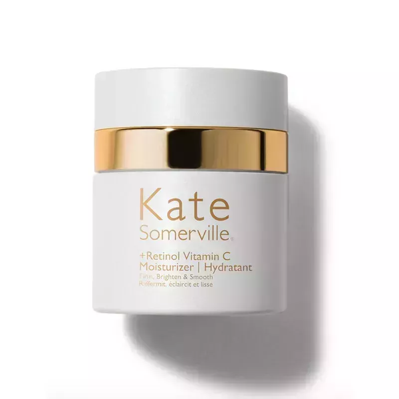 A white jar of the Kate Somerville +Retinol Vitamin C Moisturizer on a white background