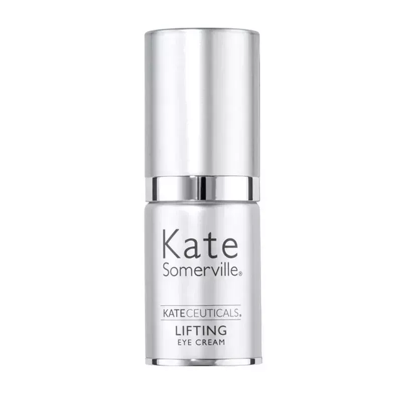 A silver bottle of the Kate Somerville KateCeuticals Lifting Eye Cream on a white background