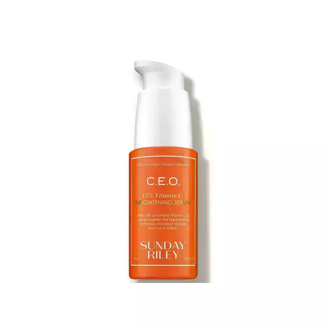 uncapped bottle of Sunday Riley C.E.O. 15% Vitamin C Brightening Serum on white background 