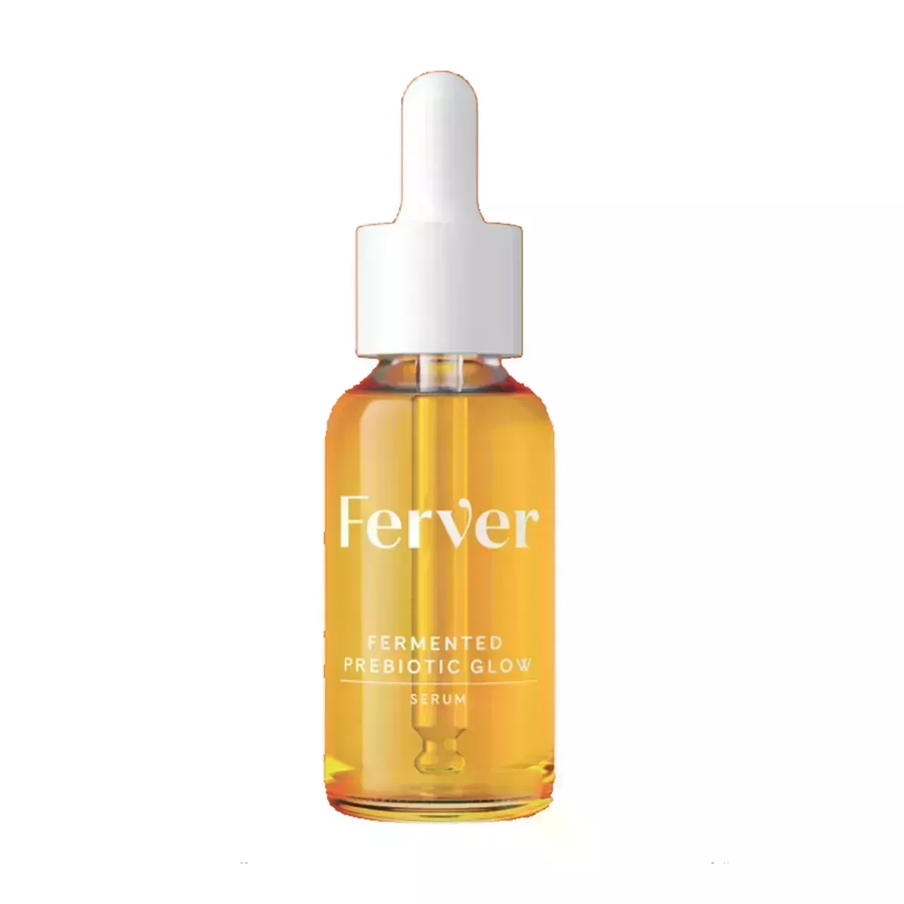 eyedropper bottle of yellow fluid that is the Ferver Fermented Prebiotic Glow Face Serum on white background