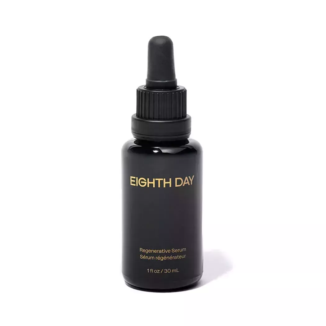 Black dropper bottle of Eighth Day Regenerative Serum on white background