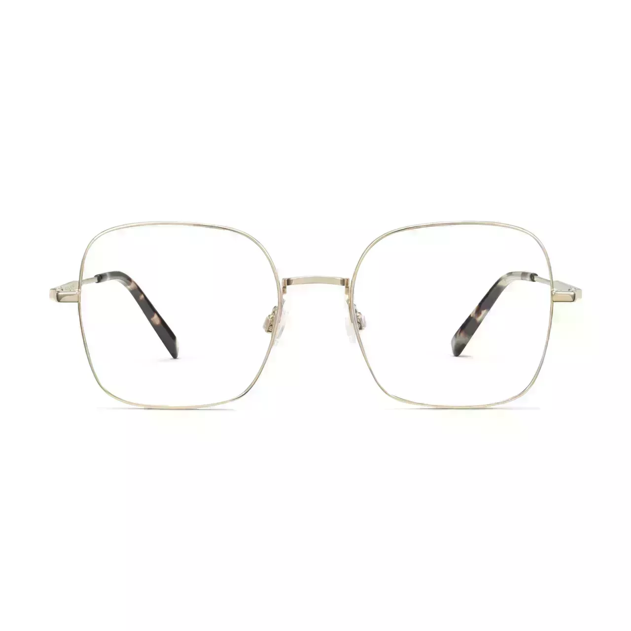 Warby Parker Aniyah gold square glasses on white background