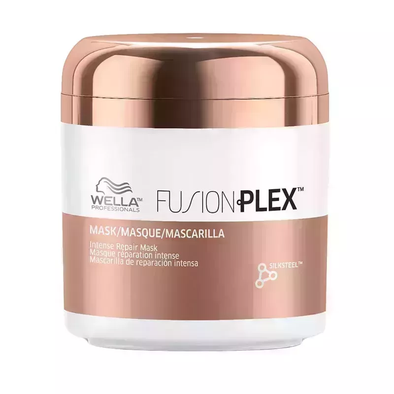 A copper and white jar of the Wella Professionals FusionPlex Intense Repair Mask on a white background