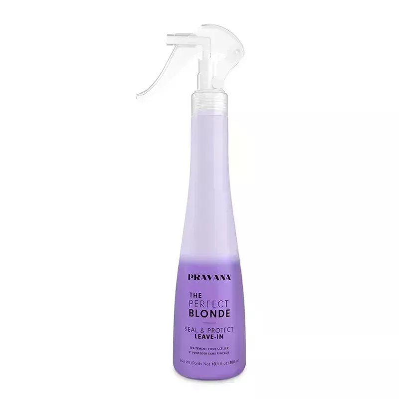 A purple spray bottle of the Pravana The Perfect Blonde Leave-In Treatment on a white background
