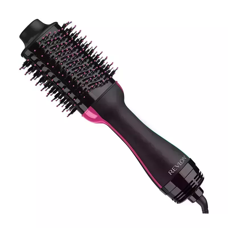 The black and pink Revlon One-Step Volumizer Hair Dryer and Hot Air Brush on a white background