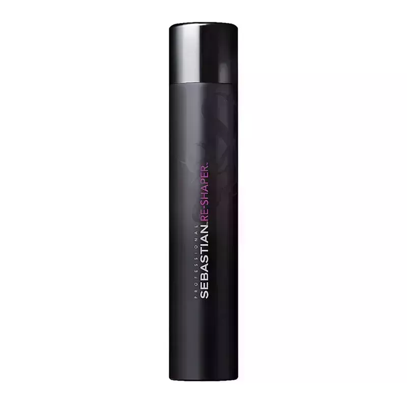 A black spray bottle of the Sebastian Re-Shaper Hairspray on a white background