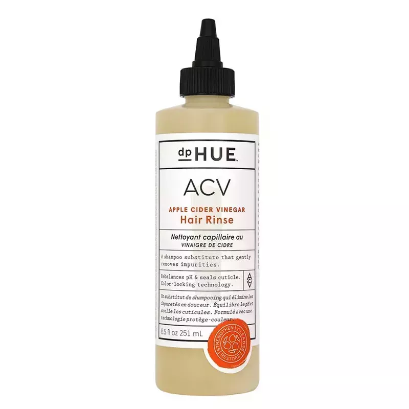 A bottle of the dpHue Apple Cider Vinegar Hair Rinse on a white background
