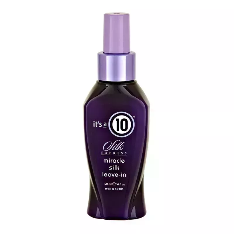 A purple bottle of the It's a 10 Silk Express Miracle Silk Leave-In on a white background
