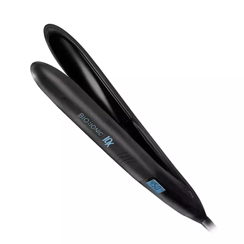 The black and blue Bio Ionic 10X Pro Straightening & Styling Iron on a white background