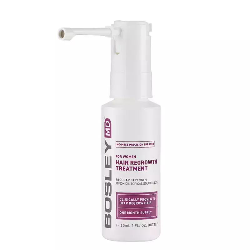 A purple and white pump bottle of the Bosley MD Hair Regrowth Treatment for Women on a white background
