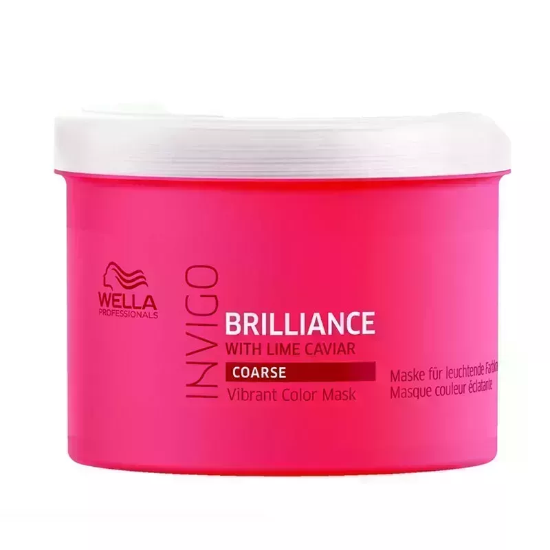 A bright pink jar of the Wella Invigo Brilliance Hair Mask on a white background