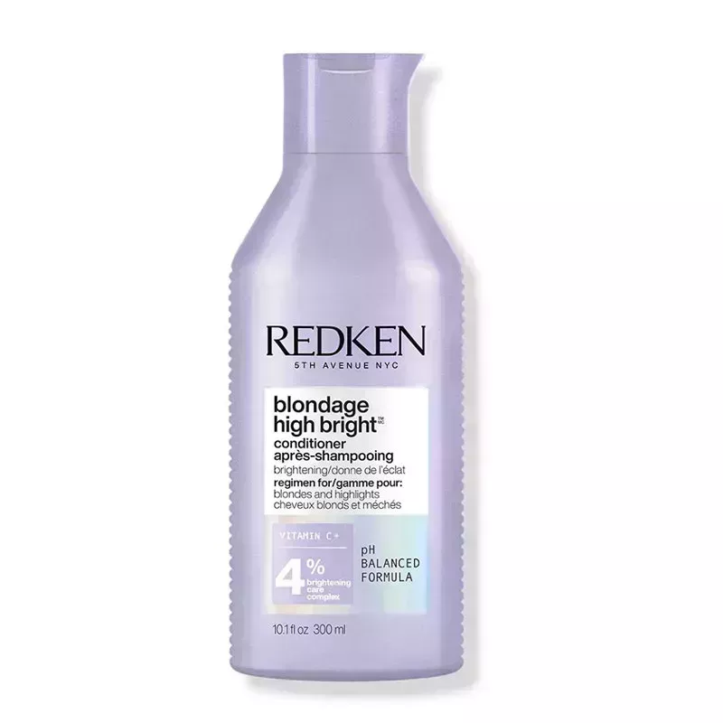 A lavender bottle of the Redken Blondage High Bright Conditioner on a white background