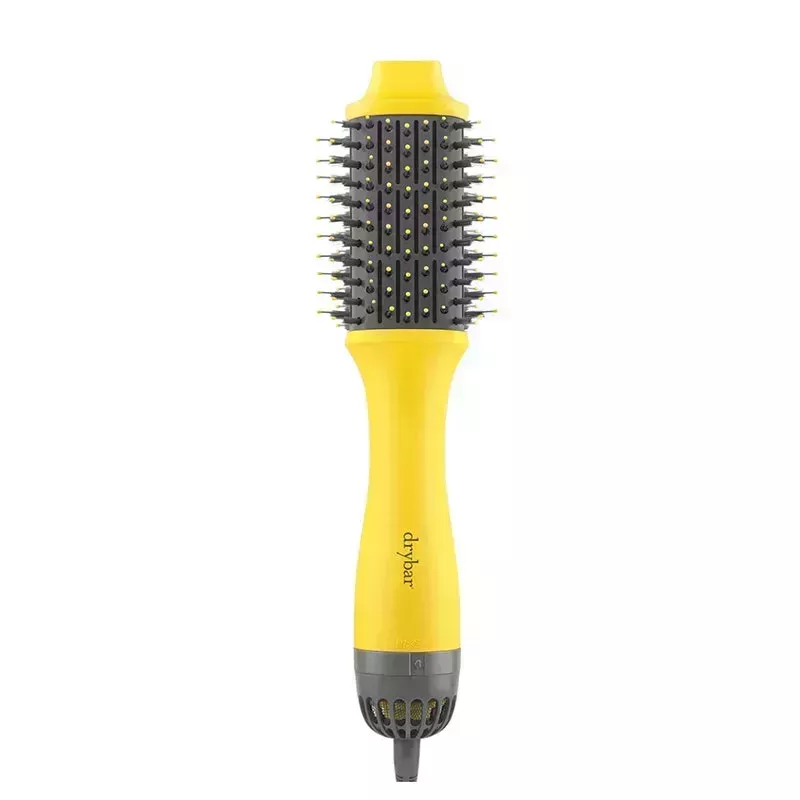 The yellow and gray Drybar The Double Shot Oval Blow-Dryer Brush on a white background