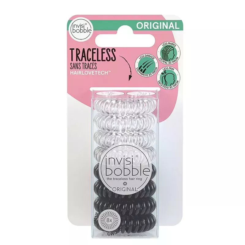 The Invisibobble Original MultiPack including three clear and three black plastic hair ties in white, pink, and green packaging on a white background