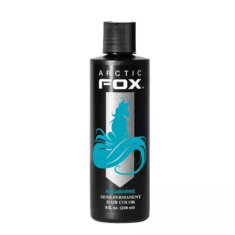A blue and black bottle of the Arctic Fox Semi-Permanent Hair Color in shade Aquamarine on a white background