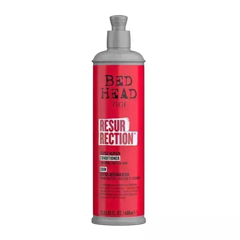 A red bottle of the Bed Head Resurrection Super Repair Conditioner on a white background