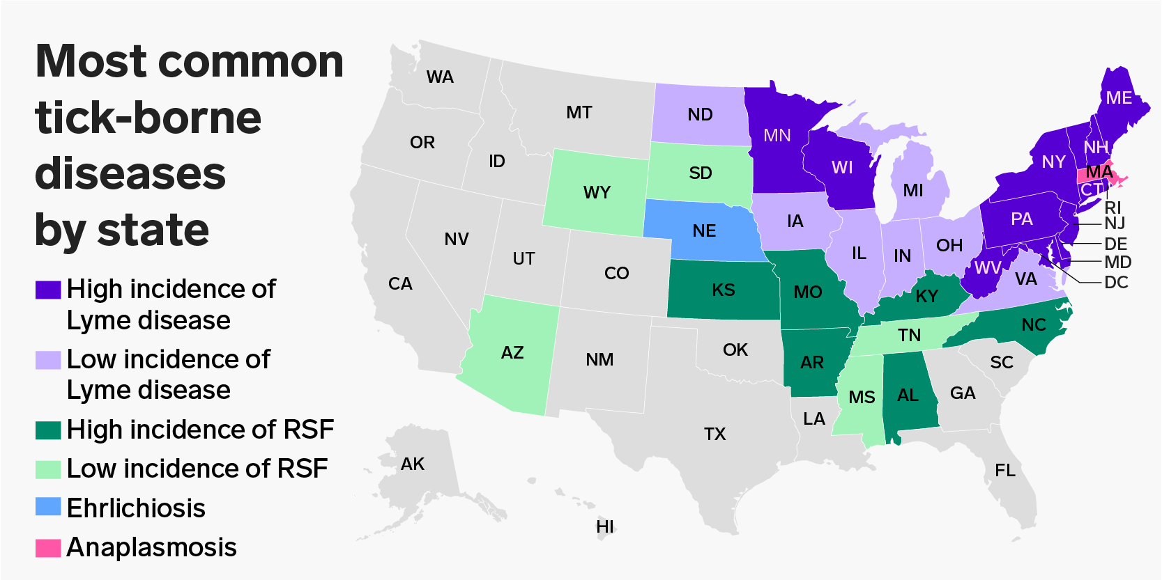 El mapa muestra qué enfermedad transmitida por garrapatas es más común en su estado