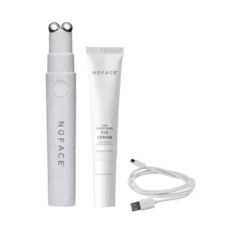 The NuFace Fix Magical Results Gift Set, including the NuFace Fix device in silver glitter, mini tube of the NuFace Fix Serum, and white USB charging cord, on a white background